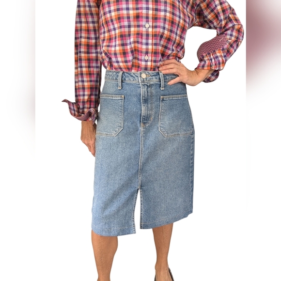 Just Black Denim High Waist Front Pocket Midi Skirt Blue Jean Modest Split Hem S - Picture 2 of 8